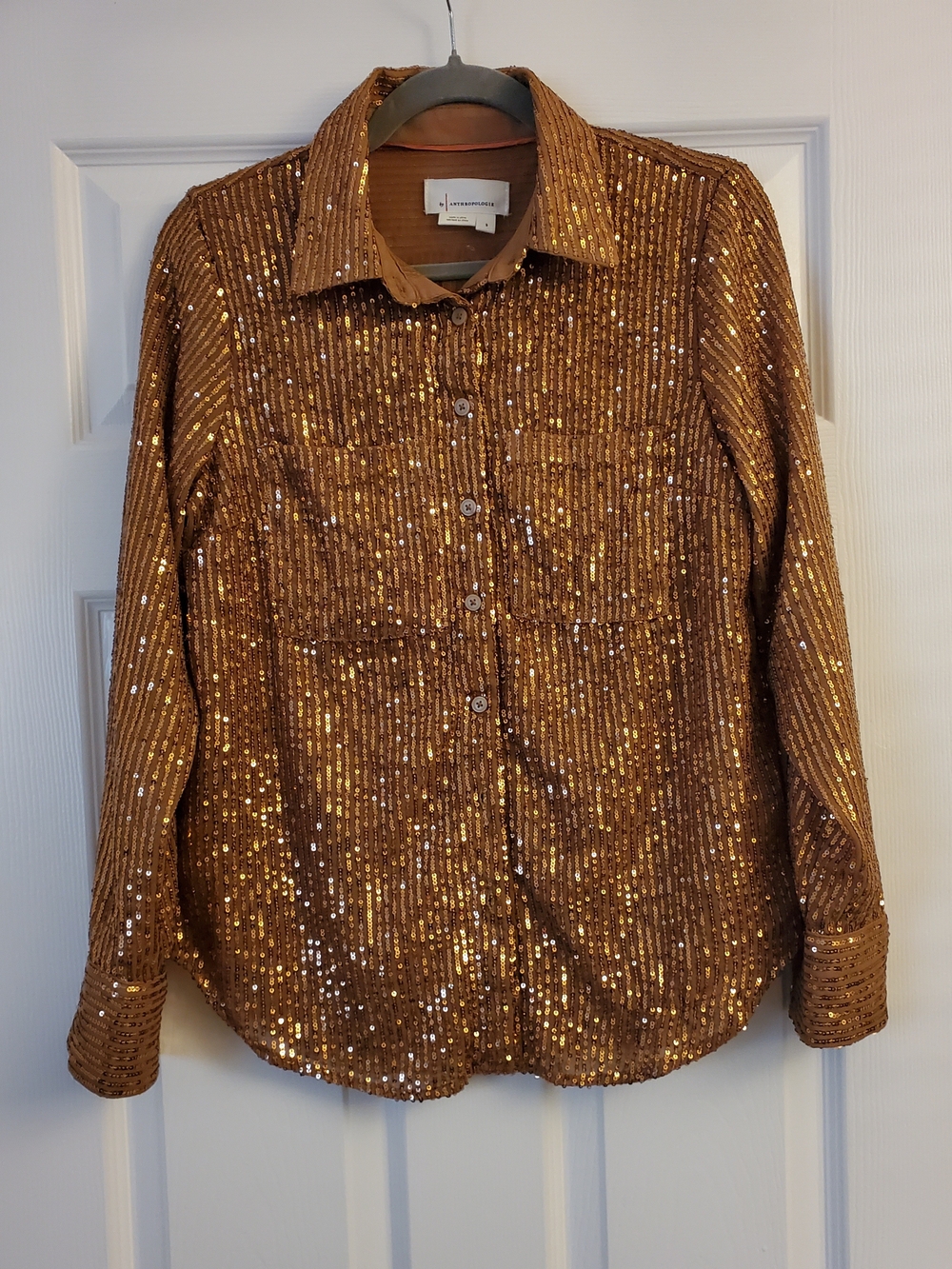 Anthropologie Metallic Gold Sequin Button-Front Jacket S